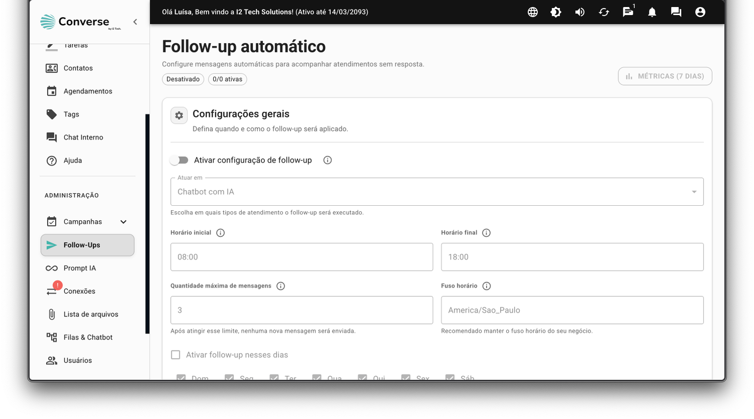Configuração de followup automático da plataforma Converse